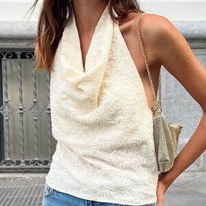 Zara Cream Textured Cowl Neck Open Back Halter Blouse